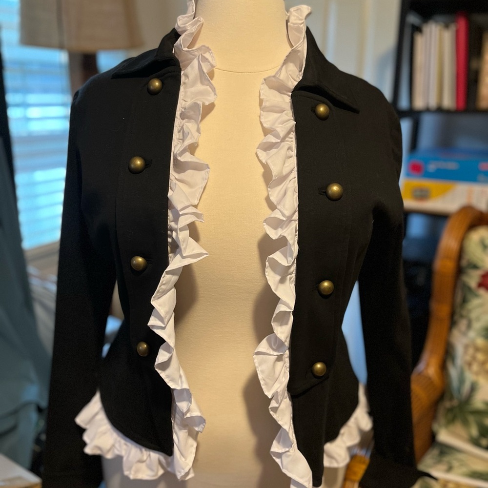 Vintage Elegant Navy Blue Ruffled Women's Jacket by dizzie lizzie